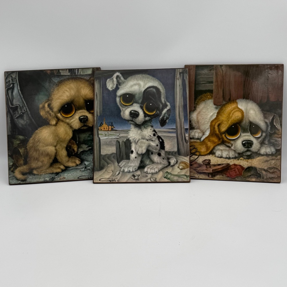 Vintage 1960s Gig Sad Eye Puppy Dog Wood Wall Plaques Set of 3 Big Eyes Art 8x10